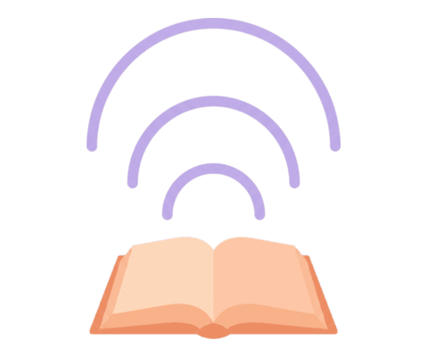 Open book with three arching sound waves rising above the pages